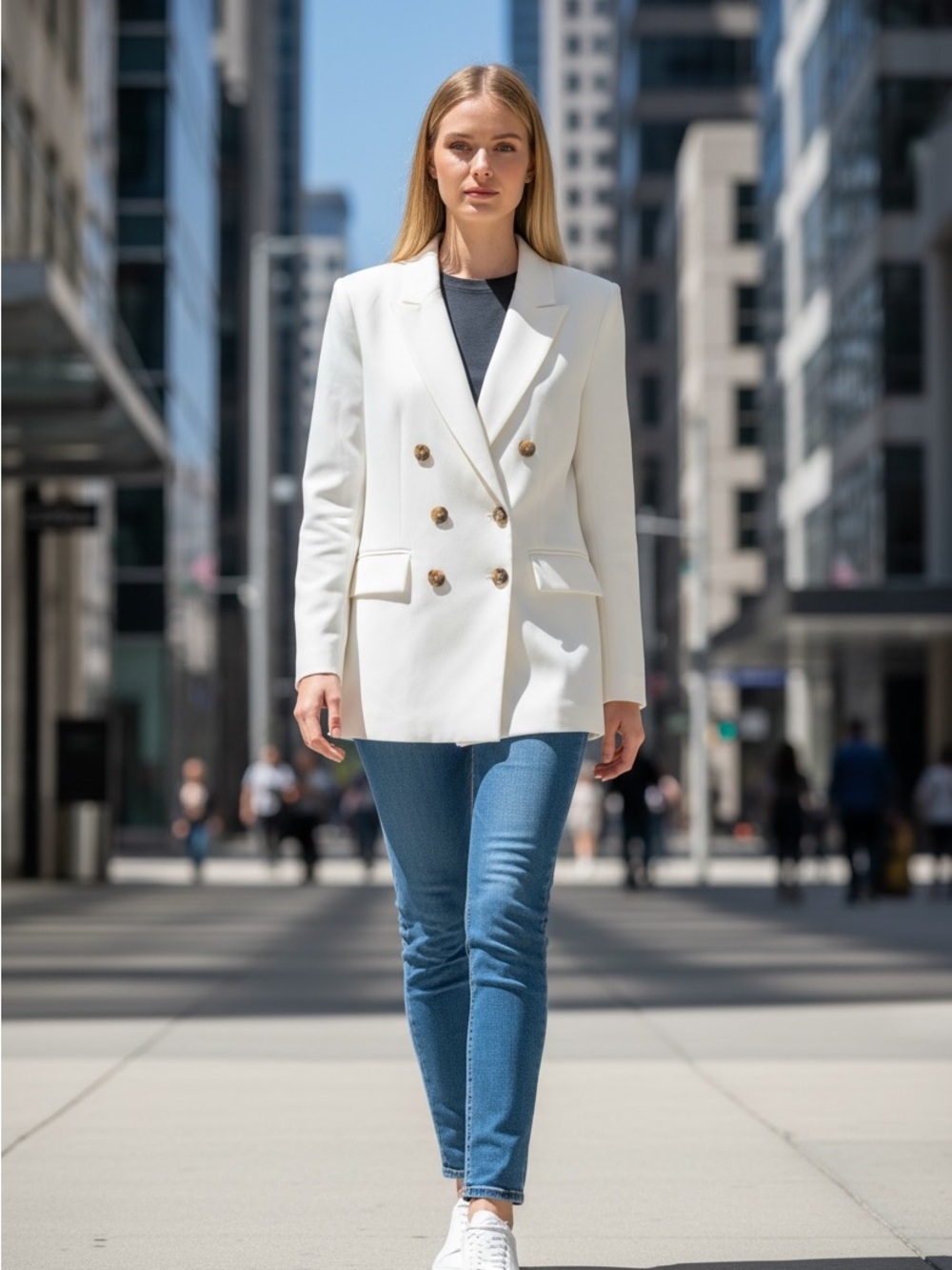 NWT:  Designer White Double-Breasted Peak Lapel Blazer, Machine Washable